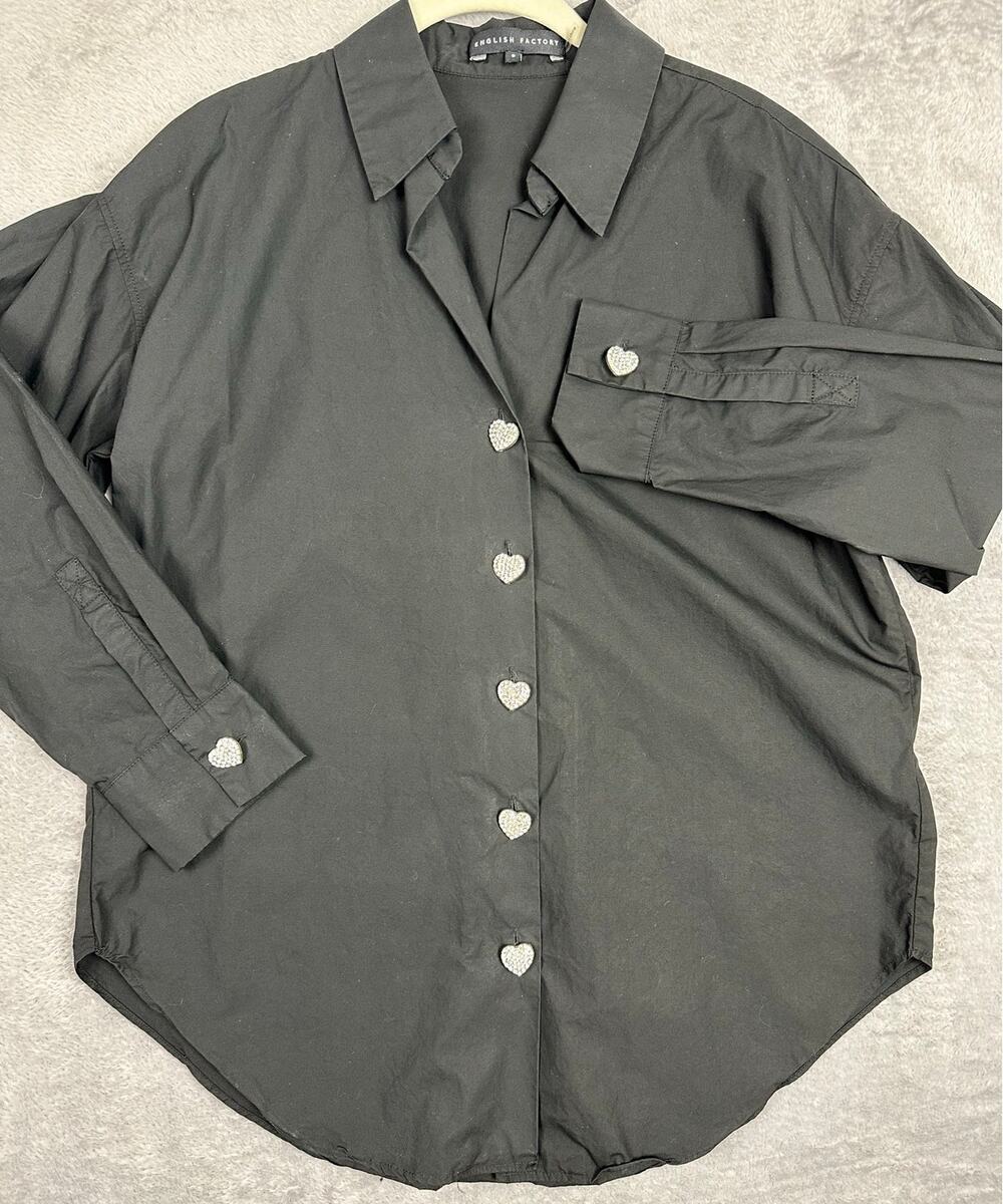 English Factory Black Oversized Cotton Button Up Shirt Heart Buttons - Small